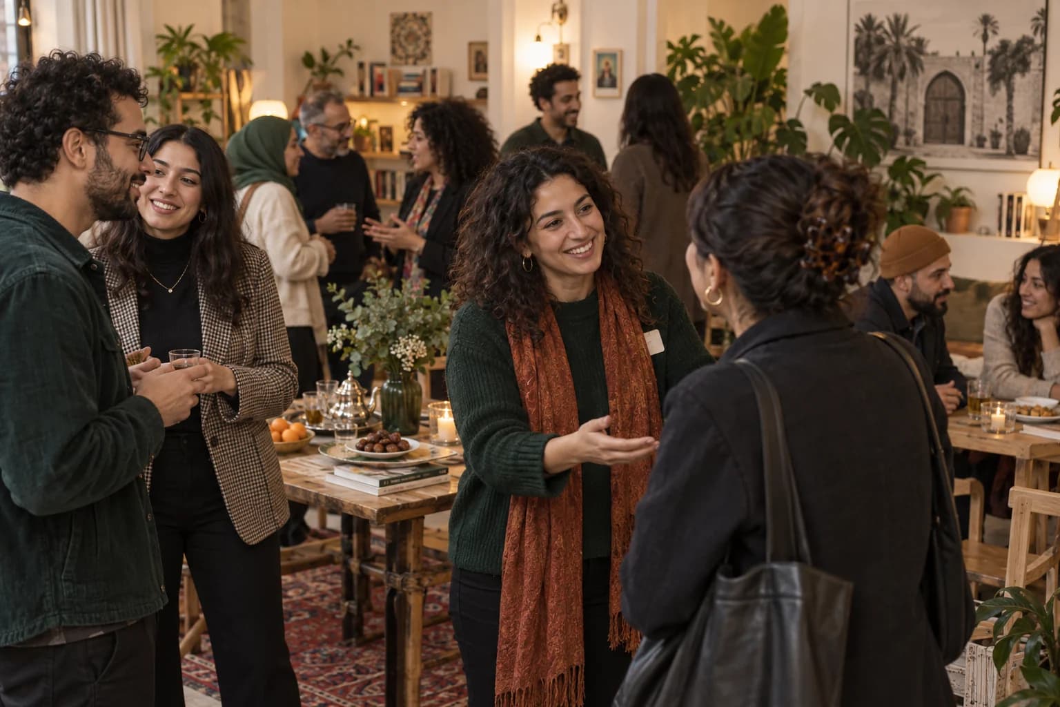 People meeting and talking at a community gathering.