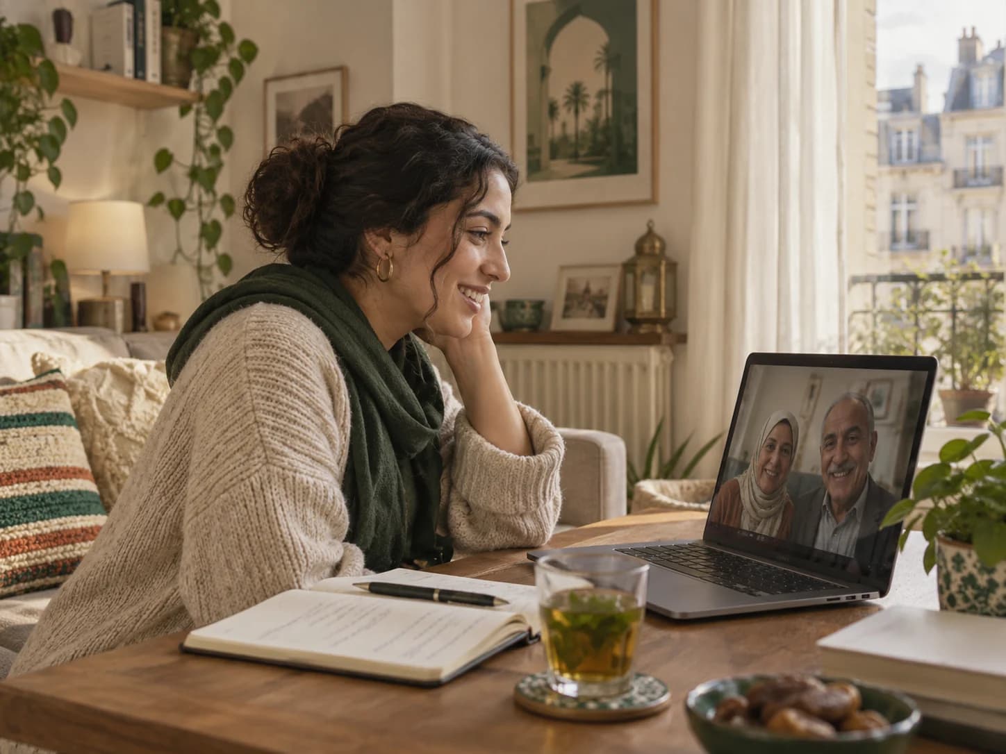 A woman sharing a video call with family from her home.