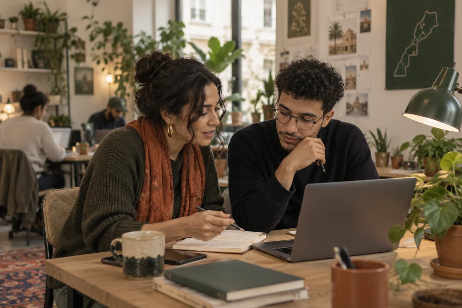 Two colleagues discussing a project in a shared workspace.