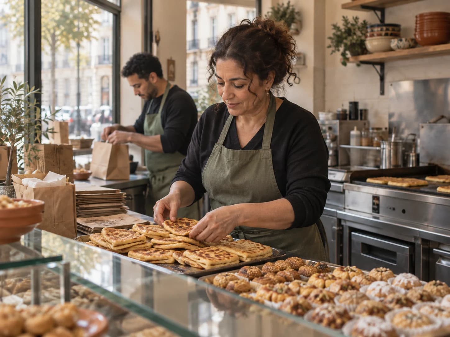 A bakery owner preparing Moroccan pastries.